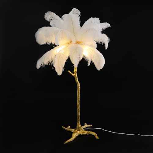 JJsdwin Feder Stehleuchte, Bodenlampe mit Federn und 4 E14 Glühbirnen, Moderne Luxus-Feder-Stehlampe für Wohnzimmer und Schlafzimmer, Weiß