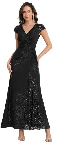 Ever-Pretty Robe de Soirée Chic Encolure en V Manches Courtes Tricot Maxi Robe Fourreau Noir 38