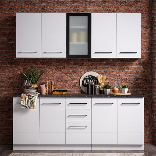 Homestyle4u Küchenzeile 200 cm Weiß - Küchenblock ohne Elektrogeräte | Ober- & Unterschränke, Schubladen, Glasvitrine, schwarze Marmoroptik-Arbeitsplatte – 200 x 85 x 60 cm