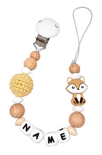 Individuell gestaltetes Babygeschenk personalisiertes Schnullerkette mit Namen für Mädchen oder Junge Baby Geschenk personalisiert zur Geburt & Taufe (Fuchs) (honig)