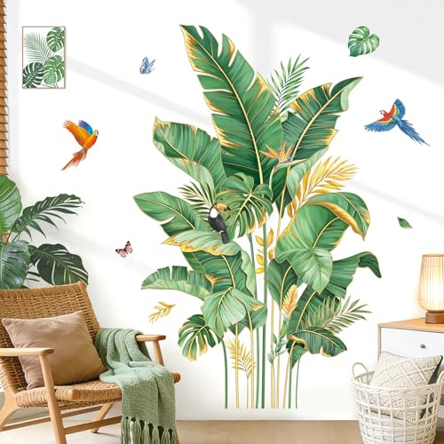 decalmile Adesivi Murali Foglie Pianta Tropicali Adesivi da Parete Palma Foglie Verdi Oro Uccelli Decorazione Murale Camera da Letto Divano TV Soggiorno