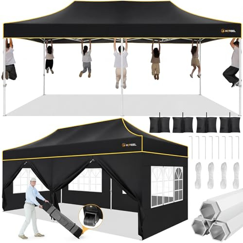 Hoteel Pavillon 3x6 Wasserdicht Stabil Winterfest,Verstärkter Faltpavillon mit Sechskantrohr-Gestell,Anti-UV Partyzelt Faltbar Gartenpavillon für Märkte,Tragetasche mit Rollen,4 Sandsäcke,Schwarz
