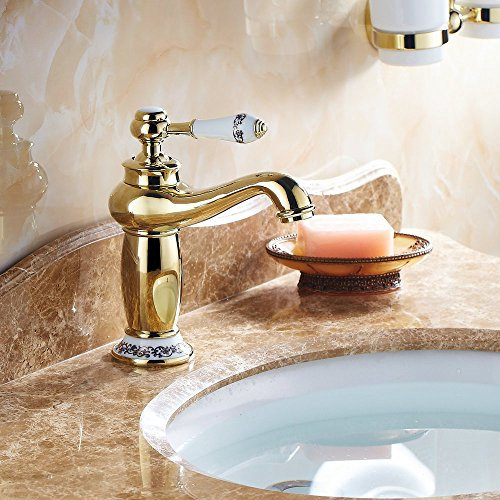 Waschtischarmatur Gold Poliert Messing – Einhebelmischer Wasserhahn für Bad | Luxuriöser Einhebelmischer in Gold-Optik – mit Keramikkartusche, tropffrei, wassersparend, ideal für Gästebad, Hauptbad.