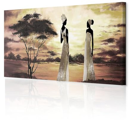 decomonkey Bilder Afrika 150x50 cm 1 Teilig Leinwandbilder Wandbild Frauen | Bild auf Leinwand, Kunstdruck, Wanddeko, Wohnzimmer, Wanddekoration, Landschaft, Baum, Wüste, braun