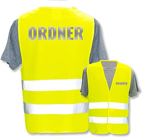Bedruckte Warnwesten mit ISO-Leuchtstreifen * Standard- oder Reflex-Druck * Thema Sicherheit & Team, Warnweste Begriffe Security:Ordner (Reflektierend), Farbe + Größe:Gelb (M/L)