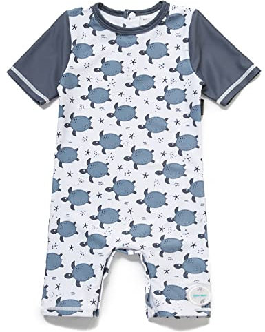 Mazuliso Bebé Niño Traje de Baño Entrepierna Inferior Botón UV una Pieza Manga Corta Bañadores Sombrero con Cremallera(Schildkröte,74-80 CM)