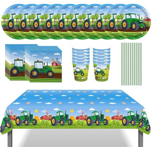 LOEPENLE Juego de vajilla para fiesta de tractor,51 piezas,accesorios para fiestas infantiles,tractor con platos,vasos,servilletas, pajitas, mantel, decoración de cumpleaños para 10 niños, Verde