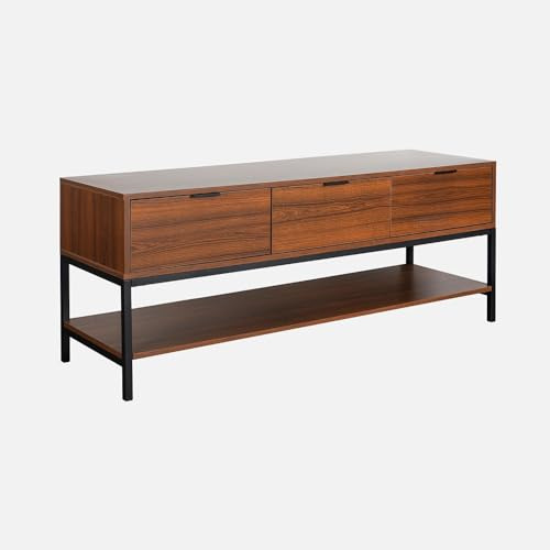 sweeek - Mueble de TV en Nogal con Base y Tiradores de Metal Negro - 3 cajones y 1 Estante Inferior