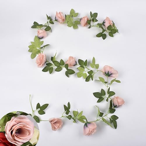 Treer Künstliche Rose Girlande 230cm Blumengirlande Deko, 2 Stück Künstlich Pflanze Blätter Kranz und Willow Blätter Girlande für Zimmer Balkon Garten Hochzeit Party Wand Hängend (Erröten)