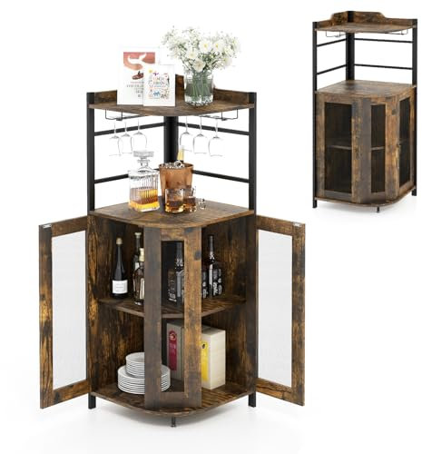 KOMFOTTEU Barschrank mit verstellbarem Regal, Eckschrank Holz mit Glashalter & Metallgittertüren, Weinschrank Barwinkel für Küche, Wohnzimmer, Esszimmer, 46 x 46 x 130 cm (Braun)