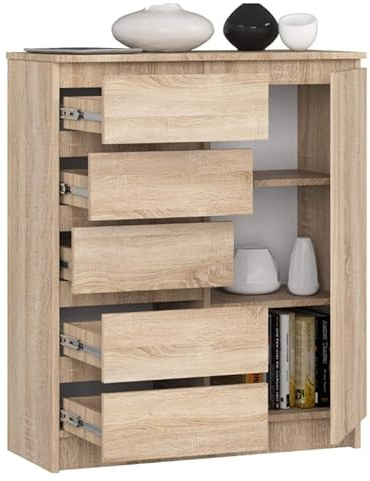 BDW - Kommode mit 5 Schubladen und 1 Tür - 80 cm breit, 97 cm hoch - Schrank, Sideboard, Mehrzweck-, Schuhschrank, Schubladenkommode, Aktenschrank - Wohn-, Schlafzimmer, Flur (Sonoma-Eiche)