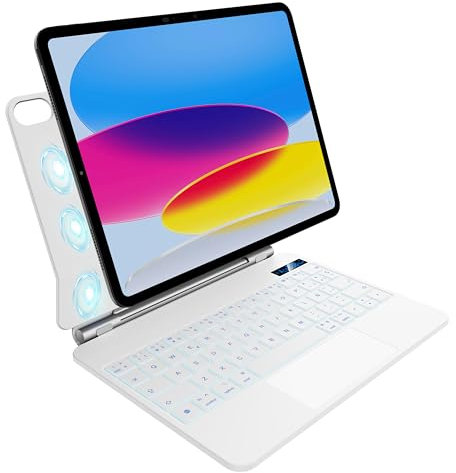 pankeybd Funda con Teclado para iPad A16 2025 y iPad de 10ª generación 2022, retroiluminación en 7 Colores, Panel táctil multitoque, diseño magnético Flotante, Blanco