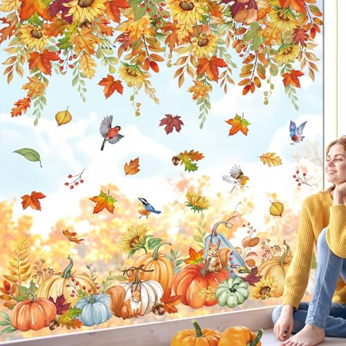 wondever Fensterbilder Herbst Sonnenblume Hängende Blumen Fenstersticker | Wiederverwendbar, Doppelseitig Statisch PVC Fensterdeko, Fenster Vogelschutz, Herbstdeko für Erntedankfest Wohnzimmer Küche