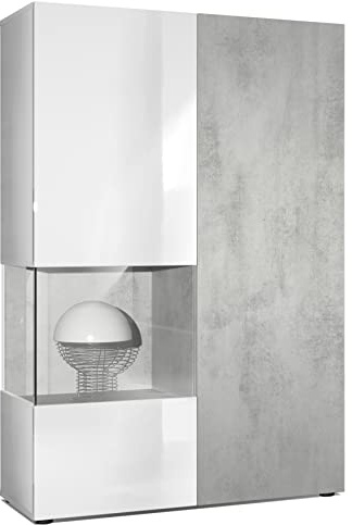 Vladon Vitrine Kommode Hochschrank Morena, Made in Germany, Korpus in Weiß matt/Rechte Tür und der Einsatz in Beton Oxid Optik