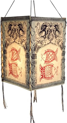 Lokta Papier Hänge Lampenschirm, Deckenleuchte, Drachen Fische weiß | Handgeschöpftes Naturpapier, warmes Licht, unebene Oberfläche, ideal für gemütliche Räume, traditionelles Design.