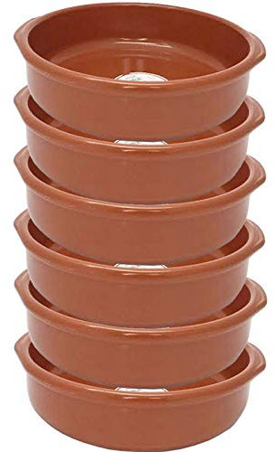 Pack de 6 cazuelas redondas de barro con asas, diámetro exterior 26 cm (asas incluidas), diámetro interior 22 cm, aptas para vitro y horno