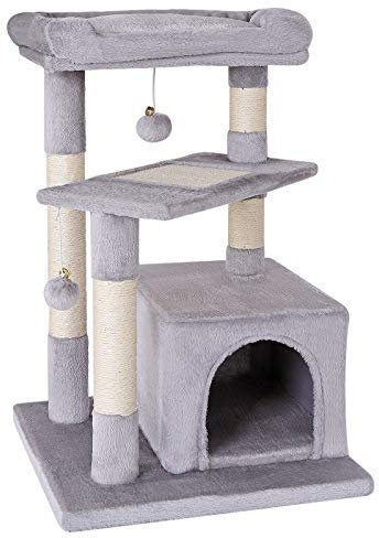 lionto Kratzbaum für Katzen mit gemütlicher Liegefläche & Höhle, Höhe 75 cm, Katzenbaum mit Sisalseil & weichem Plüsch, 2 Plüschbälle inkl. Glöckchen, für kleine & große Katzen geeignet, hellgrau
