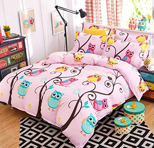 AShanlan Kinderbettwäsche Mädchen 135 x 200 Rosa 2 Teilig Eule 100% Mikrofaser Kinder Mädchen Bettbezug und Kopfkissenbezug 40x80 Pink Bunt Owl 135x200
