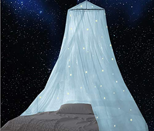 BCBYou Betthimmel mit fluoreszierenden Sternen, leuchtet im Dunkeln, für Babys, Kinder, Mädchen oder Erwachsene, Anti-Moskitonetz, zur Abdeckung von Babybett, Mädchenbett oder Vollbett, Hellblau