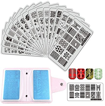 FingerAngel 16Pcs pcs Nail Stamping Kit Stamping Plates Tool Leaves Flowers Animal Image Stamp Templates Stamping Kit Nail Stamper Set with 2 Stamper + 2 Scraper + 1 Nail Plate Storage Bag V1-16