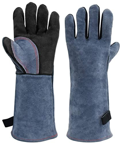 HR-International Schweißerhandschuhe Grillhandschuhe Rindsleder Leder Hitzefeste für Schweisser für Barbecue Küche Backofen Mikrowellenherd 42CM