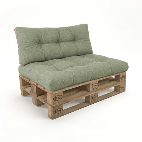POKAR 2 Cojines para Europalés/Europalet aconchadas: 1x Cojín-Asiento 120x80x12cm +1x Cojín-Respaldo 120x40x12cm, para sofá de paletas, Interior y Exterior, sin palés, Verde