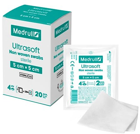 Medrull Kompressen nicht gewebt STERIL ULTRASOFT Wundauflagen 4-lagig 5cm x 5cm Verpackt 2 Stück - 20 Papierbeuteln (40 Stück)