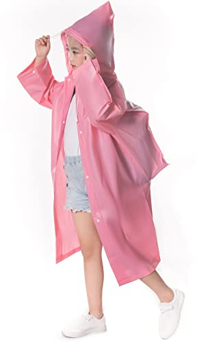 Fangehong Kids Raincoat, EVA Waterproof Rainsuit, Boys Girls Rainwear Poncho with School Bag Cover, Children Hooded Rain Jacket Cape for Hiking Bicycle Camping Mountaineering (Pink)