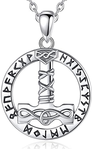 925 Silber Anhänger Mjölnir Thors Hammer im Runenkreis mit Edelstahl Kette und Schmuckbeutel I Mythologie Wikinger