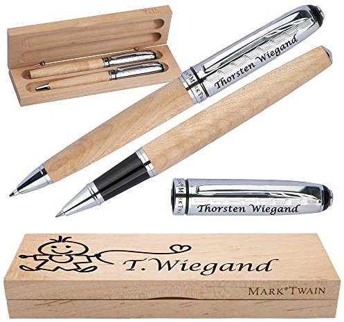 Mark Twain Schreibset aus Holz mit Box | Holzkorpus Drehkugelschreiber und Rollerball aus Metall mit Gravur | Großraummine blau schreibend | Box mit Wunschgravur | (Junge)