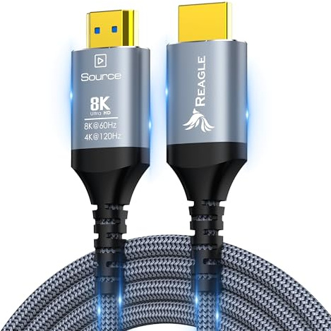 Reagle Optisches HDMI Kabel 2.1 10m Glasfaser Kabel 8K 60Hz 4K 144Hz Optisches HDMI Kabel 48 Gbps HDR10 Dolby Vision eARC Unidirektional Robustes Geflecht vergoldete Stecker Grau