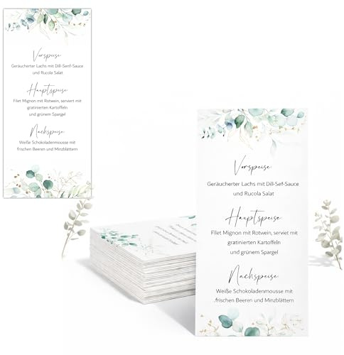 Kackspecht Menu Blanko Menükarten im Boho Design | 20 Stück DIN Lang | Individuell anpassbare Speisekarten und Getränkekarten für die Hochzeit und andere Anlässe | Tischdeko
