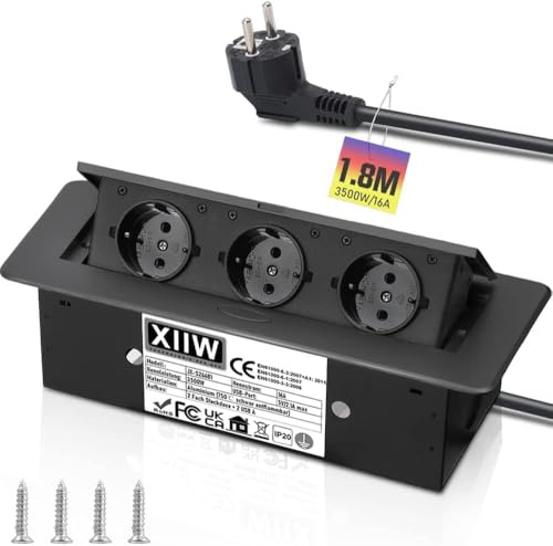 XIIW 3 500 W/16 A/230 V, infällbart uttag, 3 fack, bänkskiva, grenuttag med 1,8 m kabel, ej brandfarlig vid 750 °C - svart