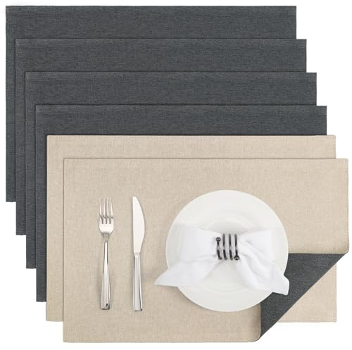 Banchif Platzsets Leinenimitat Tischsets Abwaschbar Tischsets Doppelseitigen Platzsets Stoff Platzdecken maschinenwaschbar 30 x 45 cm (Grau-Beige, Rechteckig Satz von 6)