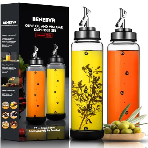 BENEBYR Glass Olive Oil Dispenser Bottle for Kitchen Shatterproof & Leakproof Oil and Vinegar Dispenser Set with Stainless Steel Spout & Rubber Bottom 17 oz Olive Oil Bottle for Cooking, Set of 2