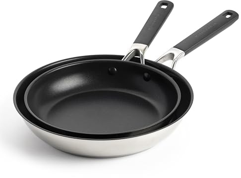 KitchenAid Classic Stainless Steel PFAS-Free Healthy Ceramic Non-Stick 2-Piece Frying Pan Skillet Set, 24 cm and 28 cm, Clad, Induction, Stay-Cool Handle, Oven Safe up to 160°C, Silver