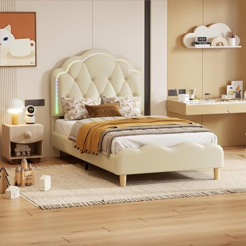 HYUB Kinderbett Polsterbett 90x200cm mit Kopfteil Holz mit Niedlich Wellenförmiges, Einzelbett mit Lattenrosten für Jungen & Mädchen,PU,Weiß