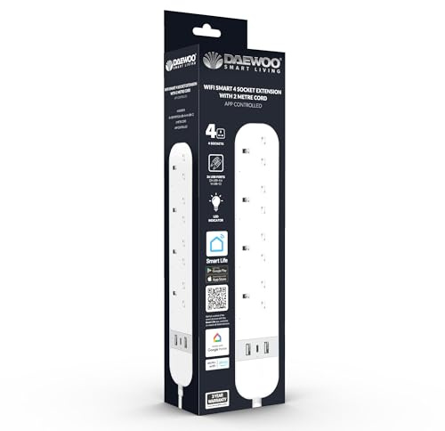 Daewoo Smart Extension Lead, 4X 13A Sockets, 2X USB A, 1x USB C, LED Indicators, Individual Control, WiFi Operated Via Smart Life App On iOS and Android with Connection to Alexa and Google Home