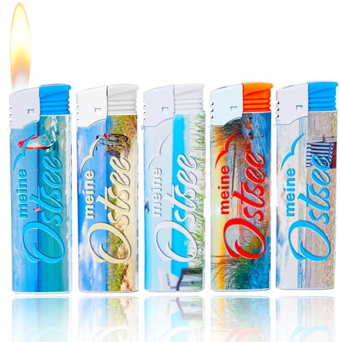 Feuerzeug Ostsee Sammler Motiv mit Softflame 5 Stück im Set Softflame Feuerzeug Einfach Normal Feuerzeug Maritim mit normaler Kindersicherung wiederbefüllbar