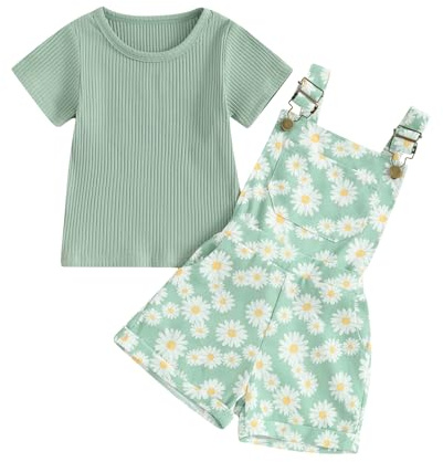 Geagodelia 2 Pezzi Compleito Pantaloncini Bretelle da Bambina Maglietta a Manica Corta A Coste in Tinta Unita con Stampa a Margherita Pantaloncini Interi Vestiti Estivi (A Verde, 18-24 Months)