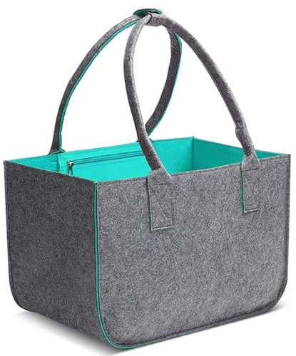 STQDEU einkaufskorb thermo, filz einkaufstasche mit griffen, filztasche groß, brennholz filztasche shopper, kaminholzkorb, strapazierfähige filz einkaufstasche,verwendbar (grey-green, S(40*27*27CM))