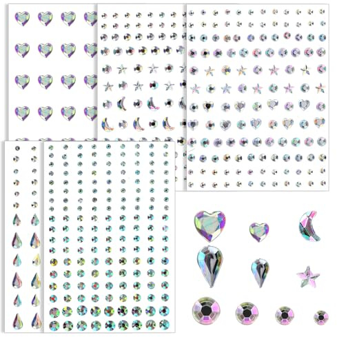 AHQiZFX 5 Blatt Glitzersteine Gesicht Sticker,Selbstklebend Strasssteine,Edelsteine Glitzersteine Aufkleber,Strass Temporäre Tattoo,für Gesicht Augen Körper Nägel Haare Make-Up Festivalparty Halloween