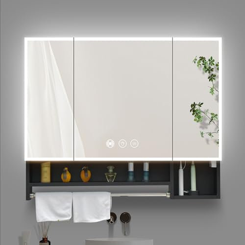 Spiegelschrank Bad Mit Sensorleuchte Beleuchtung Und Dreifarbiges Licht,3 Türen Rostfreier Stahl Bathroom Mirror Cabinet Mit Handtuchhalter Und Defogging Badspiegelschrank Platzsparend