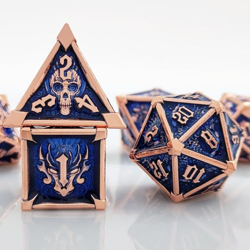 ORUZA 7 Stück DND Metall Würfel Set Polyedrische Würfel Set D&D, Metall Spielwürfel für Dungeons und Dragons RPG MTG TTRPG Pathfinder Rollenspiele Tischspiele Würfel (Kupfer & Saphirblau)