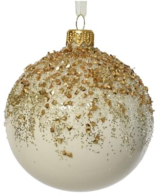 Pallina Albero Di Natale in Vetro Smaltata Bianca Con Decorazioni Oro - Varzi Il Natale Dal 1956