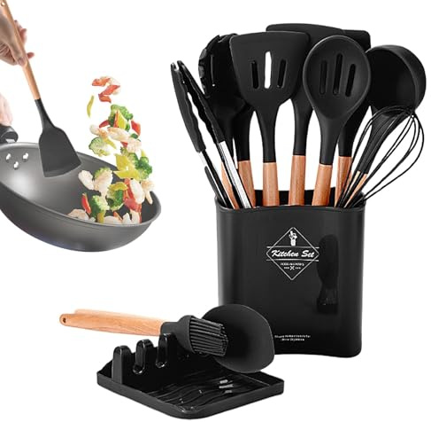 Juego de utensilios de cocina de silicona, juego de utensilios de cocina, juego de cocina antiadherente de silicona, 12 herramientas de cocina con mango de madera, incluye espátula, cuchara de sopa,