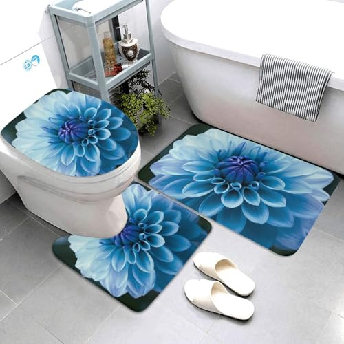 Juego de 3 alfombrillas de baño superabsorbentes, antideslizantes, lavables y cubierta de tapa de inodoro, diseño de flores de dalia azul, alfombra de baño para ducha
