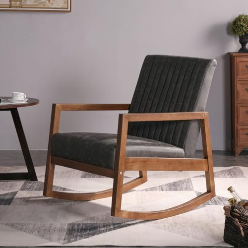 Ya-Home Mecedora Lactancia de PU Cuero Sillon de Madera Maciza Retro,Sillon Dormitorio Antiguo Butaca Relax con Brazos para Salón/Balcón, Gris