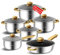 Batterie de cuisine 12 pièces en acier inoxydable, batterie de cuisine non toxique avec poignées isolantes, compatible avec les plaques de cuisson à induction, électriques et à gaz (or A)