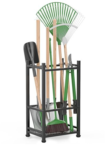 HYSHLC Gartengeräte Aufbewahrung, Gartengeräte Organizer Kohlenstoffstahl mit 9 Adjustable Holding Rings, Garagen Organizer für Schuppen, Outdoor, Gartenarbeit, Zwei austauschbare Sockel